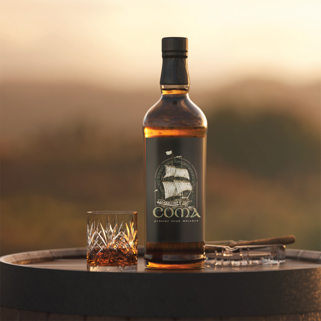 COMA Irish Whiskey Bottle Design.